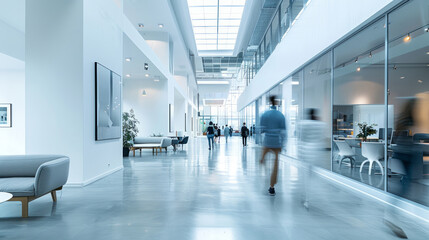 grande ambiente di ufficio bianco e grigio con persone sfocate   che camminano in abbigliamento casual - obrazy, fototapety, plakaty