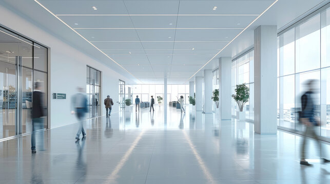grande ambiente di ufficio bianco e grigio con persone sfocate   che camminano in abbigliamento casual