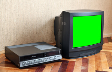 Old black vintage green screen TV from 1980s 1990s 2000s for adding new images to the screen, VCR...