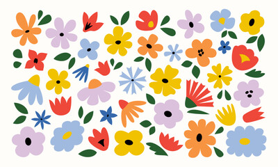 Set of bold naive colourful flowers and leaves in retro groovy style isolated on white background. Perfect for children's graphic design - 755066347