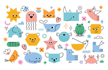 Vector set of animal characters in cute playful geometric style. Colourful geometric shapes and design elements isolated on white background. - 755066357
