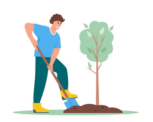Young man with shovel plants tree. Improving the environment. Gardening concept. Flat vector illustration on white background.