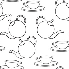 seamless pattern with teapot and cups in doodle style in vector. template for background, wallpaper, wrapping, print, fabric