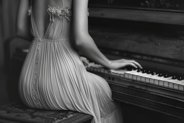 black and white image of a woman playing piano