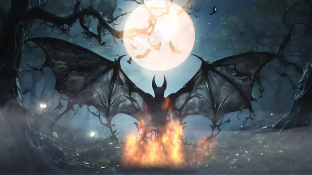 The silhouette of Bat Man emerges from the shadows in the dark forest, his figure illuminated by the flickering flames of a distant fire. Seamless looping 4k timelapse virtual video animation backgrou