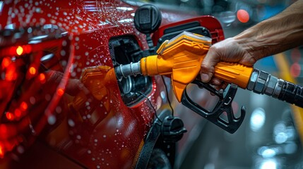 a hand filling up car with gas - obrazy, fototapety, plakaty