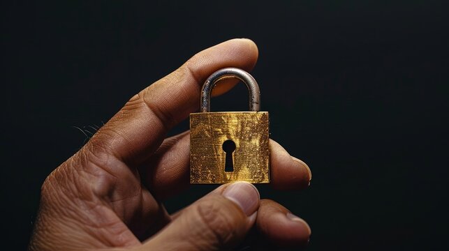 closeup of a hand holding a padlock on black background