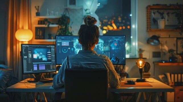 a female Graphics designer doing editing at night