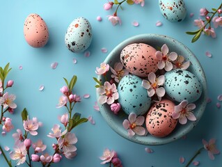 Obraz premium Festive Easter painted eggs at the plate with flower on a blue background