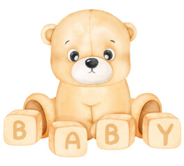 teddy bear and baby blocks