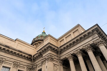 St. Petersburg, Russia, February 10, 2024. Side facade of the Kazan Cathedral against the background of the winter sky.