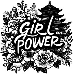 Fototapeta premium Girl power lettering black outline vector illustration.