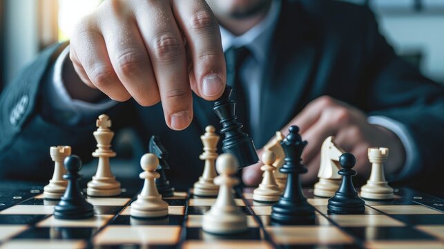 a business man holding a black chess piece business concept image