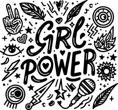 Girl power lettering black outline vector illustration.