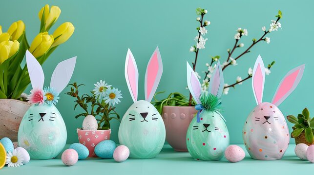 Easter craft funny bunnies on the table with flowers