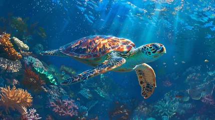 Fotobehang Serene sea turtle swimming gracefully © Asad