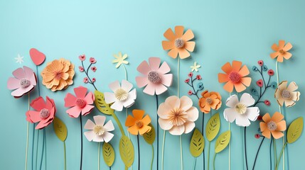 Paper spring flowers on pastel blue background . Abstract natural floral layout - obrazy, fototapety, plakaty