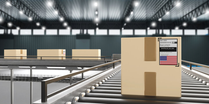Fulfillment company from USA. Box moving along conveyor. Parcel with flag United States. Conveyor in industrial building. Fulfillment enterprise USA. Conveyor belt for order fulfillment. 3d image