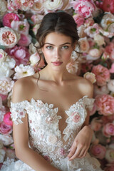 Fototapeta premium Luxurious wedding dress adorned by happy and beautiful model.Perfect for upscale bridal campaigns, designer showcases, and luxury editorial spreads.