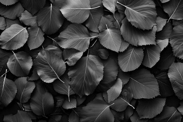 Black background. Background from autumn fallen leaves closeup. Black and white