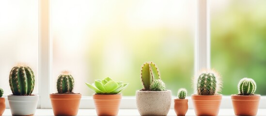A row of green cactus succulents lined up neatly on a windowsill with a light, soft background. These home plants add a touch of nature indoors during the Spring or Summer.