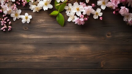 Fototapeta na wymiar Wooden dark brown background with spring flowers and copy space