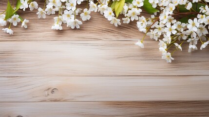 Obraz na płótnie Canvas Wooden beige background with spring flowers and copy space