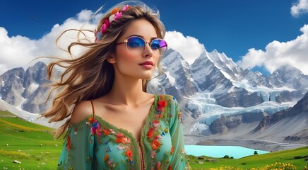 animated beautiful faced glasses on the eyes, fairy in multicolor full dress flying high in the white clouds and watching the fairy lush green meadows and glaciers of Gilget Baltistan  