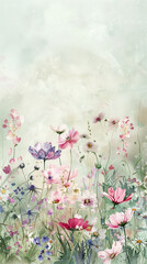 Watercolor Floral Background, Soft Pastels, Delicate Spring Flowers with Copy Space