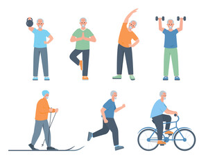 Fototapeta na wymiar Set of Happy Elderly men doing sport exercises, yoga, skiing and riding bike. Senior man sport active healthy lifestyle concept. Vector cartoon or flat illustration.