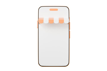 3D Online shopping and E-commerce concept. Orange phone with smartphone shop store icon symbol isolated on orange pastel background. Minimal Cartoon design creative. Orange and White. 3D Rendering.