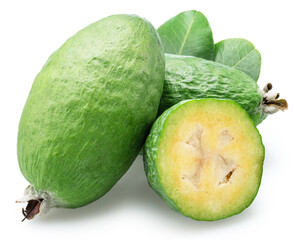 Feijoa fruits with leaf and slice of feijoa isolated on white background. Clipping path.