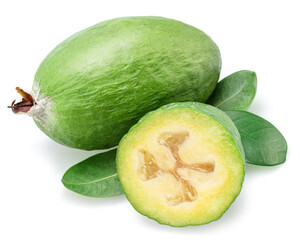 Feijoa fruits with leaf and slice of feijoa isolated on white background.