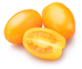 Yellow cherry tomatoes isolated on white background.