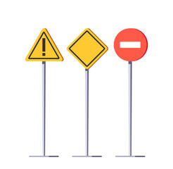 Cartoon Vector Illustration Of Road Signs. Standardized Symbols Placed Alongside Roads, Offering Directions, Cautions