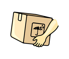 Hands holding, sign or symbol on box, keep away from moisture or water. Delivering parcels, delivery service, courier and package, illustration