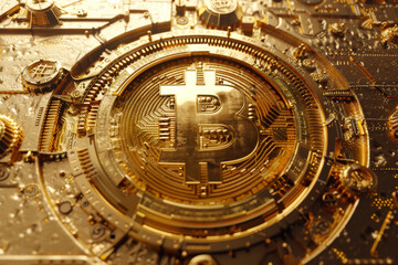 Fototapeta premium Gold background with bitcoin symbol.