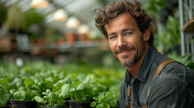 Portrait male gardener in greenhouse.