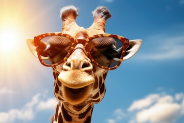 giraffe in sunglasses on bright background - obrazy, fototapety, plakaty