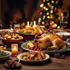 Large, celebratory meal featuring roasted chicken and a variety of toppings. Christmas dinner table idea for the family.