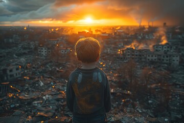 Seen from behind, a child surveys the wreckage of a city destroyed by war and bombs, their innocent presence amidst the devastation a powerful reminder of the human cost of conflict - obrazy, fototapety, plakaty