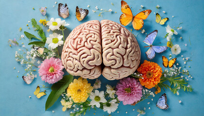Human brain, flowers and butterflies on blue background. Self care, positive thinking. Mental health.