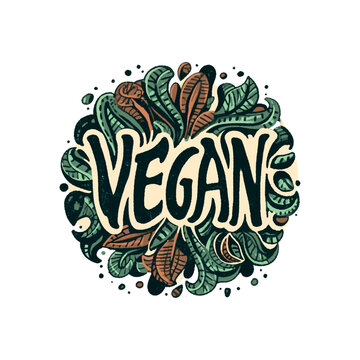 A round design with the word "vegan" written in a cursive style. The design features a variety of leafy greens and other natural elements, giving it a fresh and organic feel