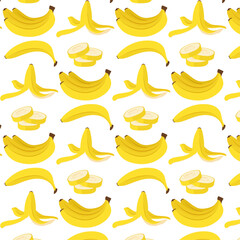 Seamless pattern with tropical fruits on a transparent background. Background with yellow bananas in flat style.