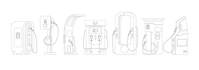 Car Charger Station Outline Vector Icons Set. Plug Symbol, Electric Vehicle Silhouette, Charging Cable, Power Outlet