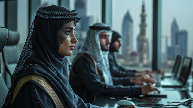photo of a group of 4 proud Saudi Males and Females Professionals planning and managing in ministry of Hajj in a high rise office overseeing the holy mosque in makkah kaaba haram sharif mecca