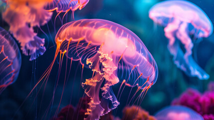 Stunning jellyfish drifting in the colorful depth - obrazy, fototapety, plakaty