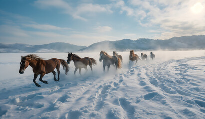 Majestic Horses Galloping in the Snow at Sunrise