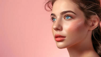 Radiant Young Woman with a Mesmerizing Gaze on a Pink Background