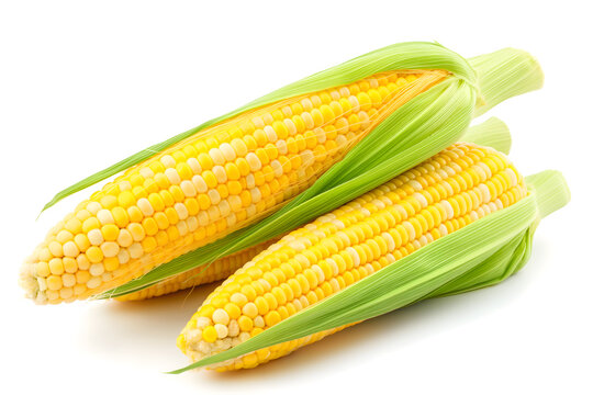 Fresh Corn Cobs with Husks on a White Background